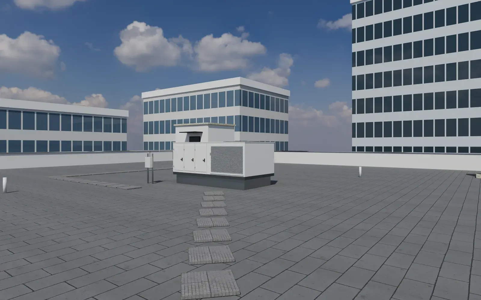 Illustrative example: a commercial roof with a packaged rooftop unit, walkway and access door.